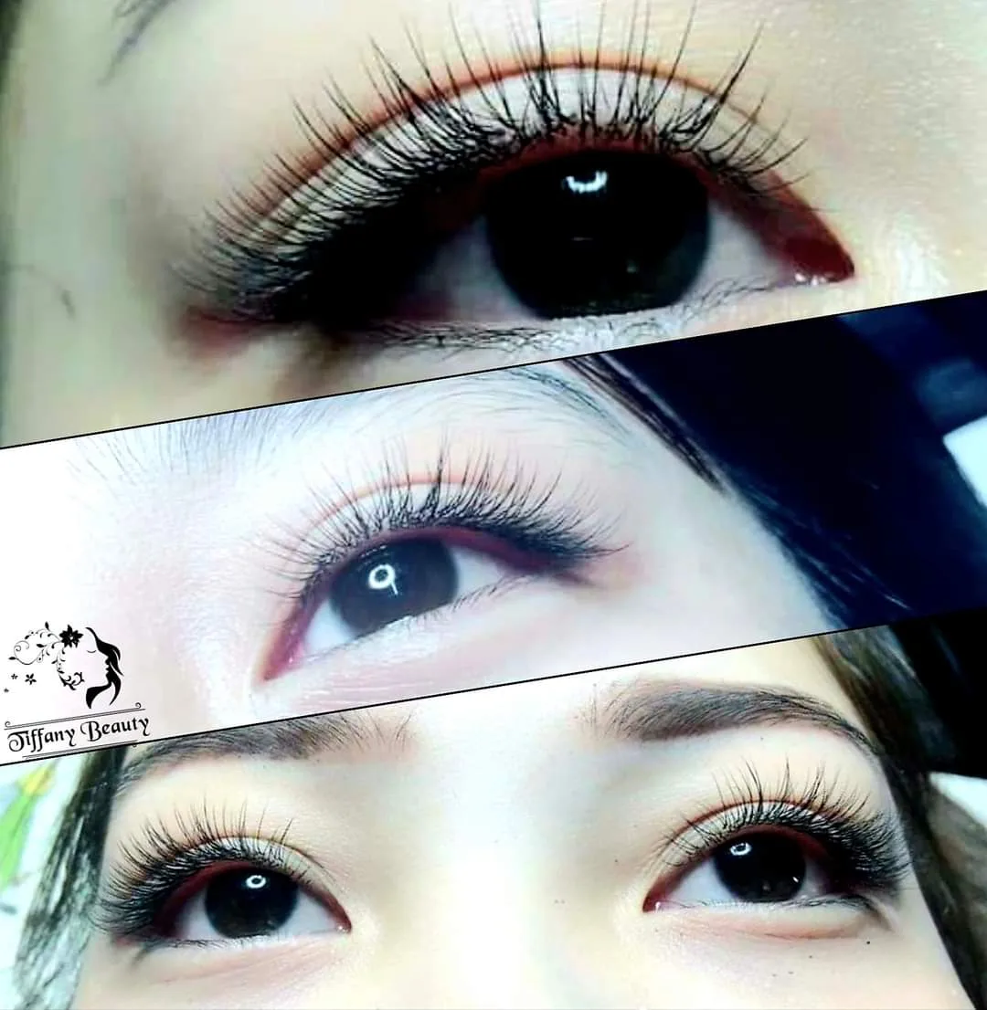 Three-panel eye collage showing lash extension results